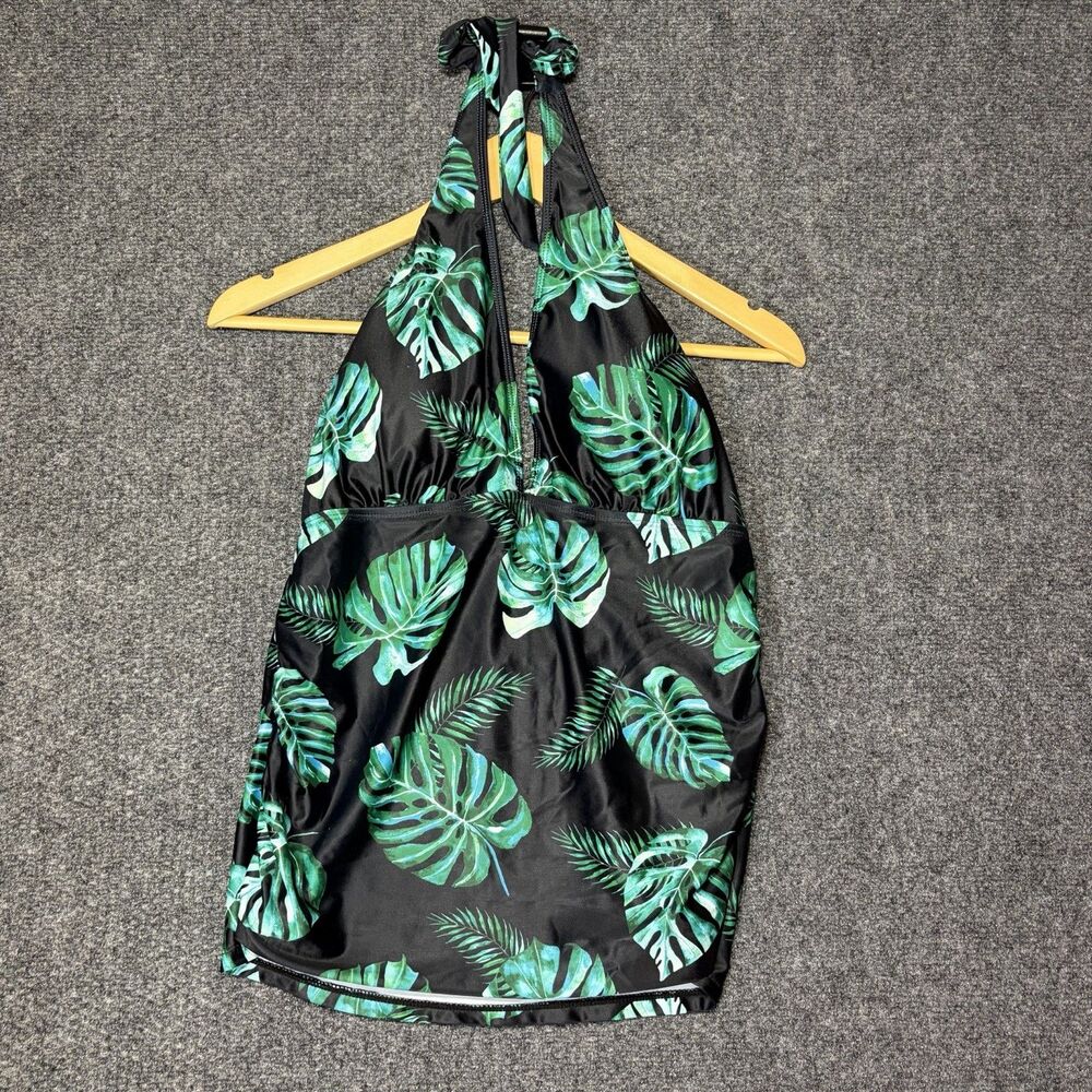 Holipick Tankini Top Womens XL NWT Black Green Tropical Leaf Print Halter Neck